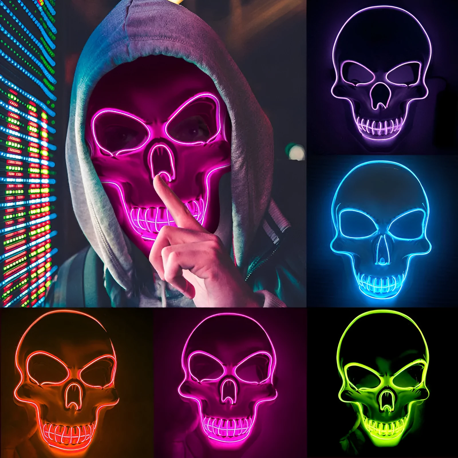 LED skeleton mask with blue glow showing eye and mouth openings on plastic face