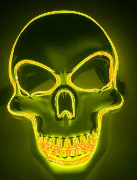 LED skeleton mask with blue glow showing eye and mouth openings on plastic face