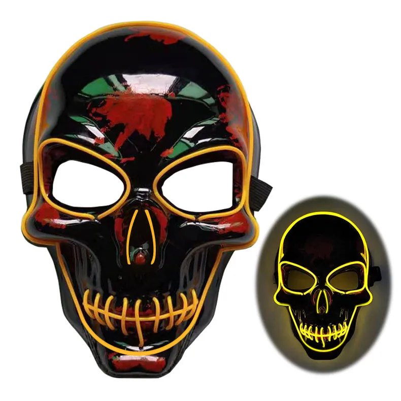 LED skeleton mask with blue glow showing eye and mouth openings on plastic face
