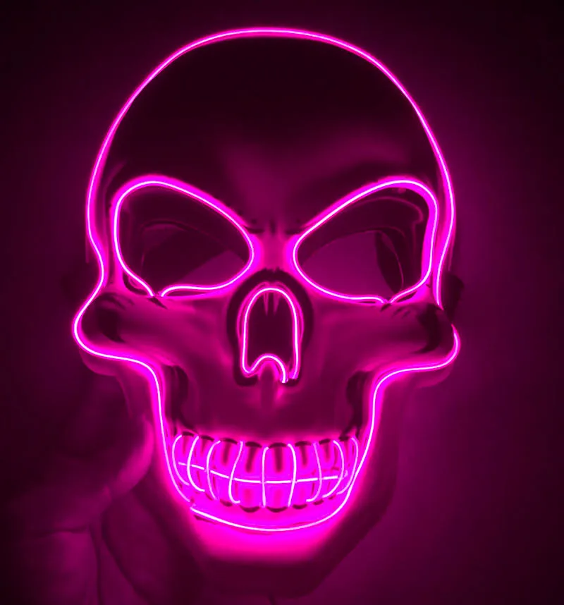 LED skeleton mask with blue glow showing eye and mouth openings on plastic face