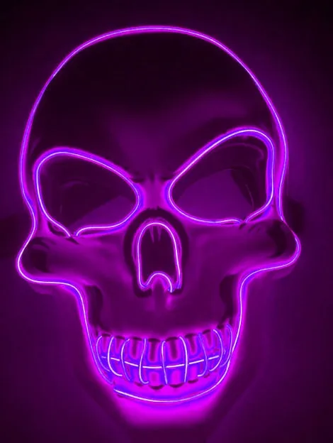 LED skeleton mask with blue glow showing eye and mouth openings on plastic face