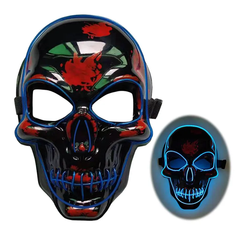 LED skeleton mask with blue glow showing eye and mouth openings on plastic face