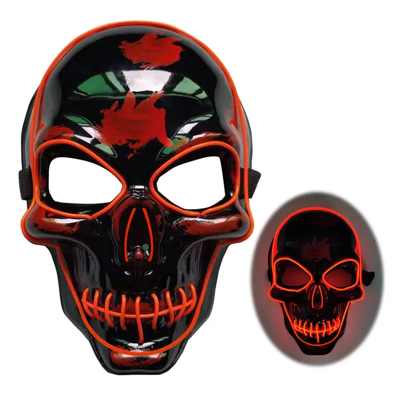 LED skeleton mask with blue glow showing eye and mouth openings on plastic face