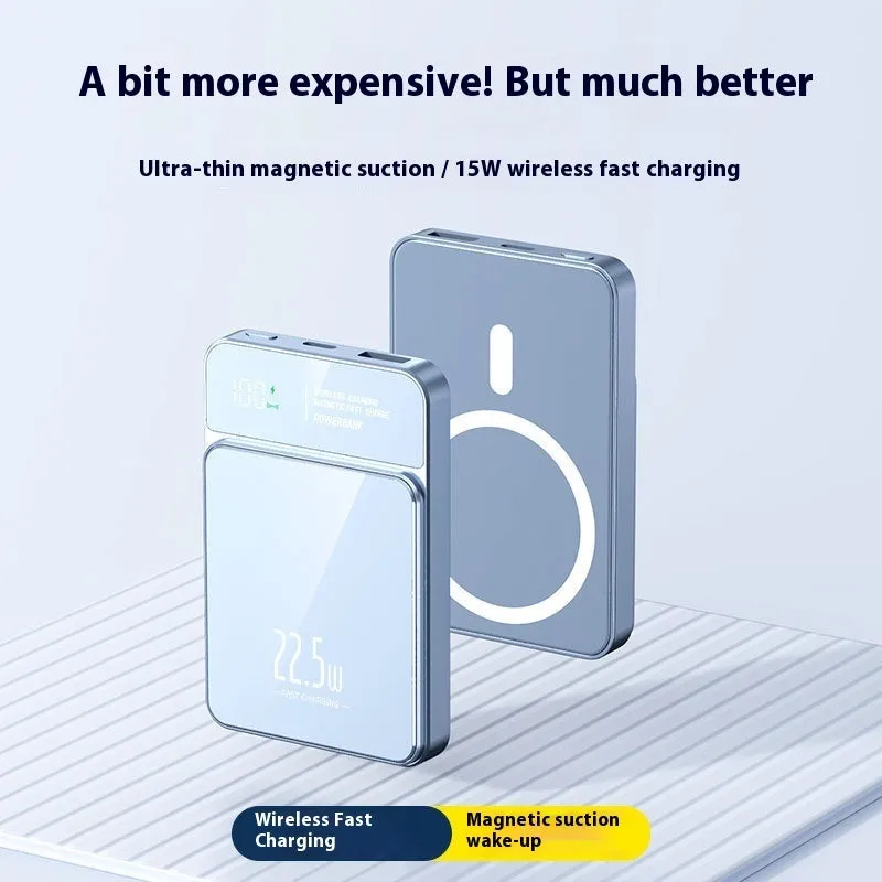 Fashion magnetic wireless power bank in black with fast charging USB plastic construction