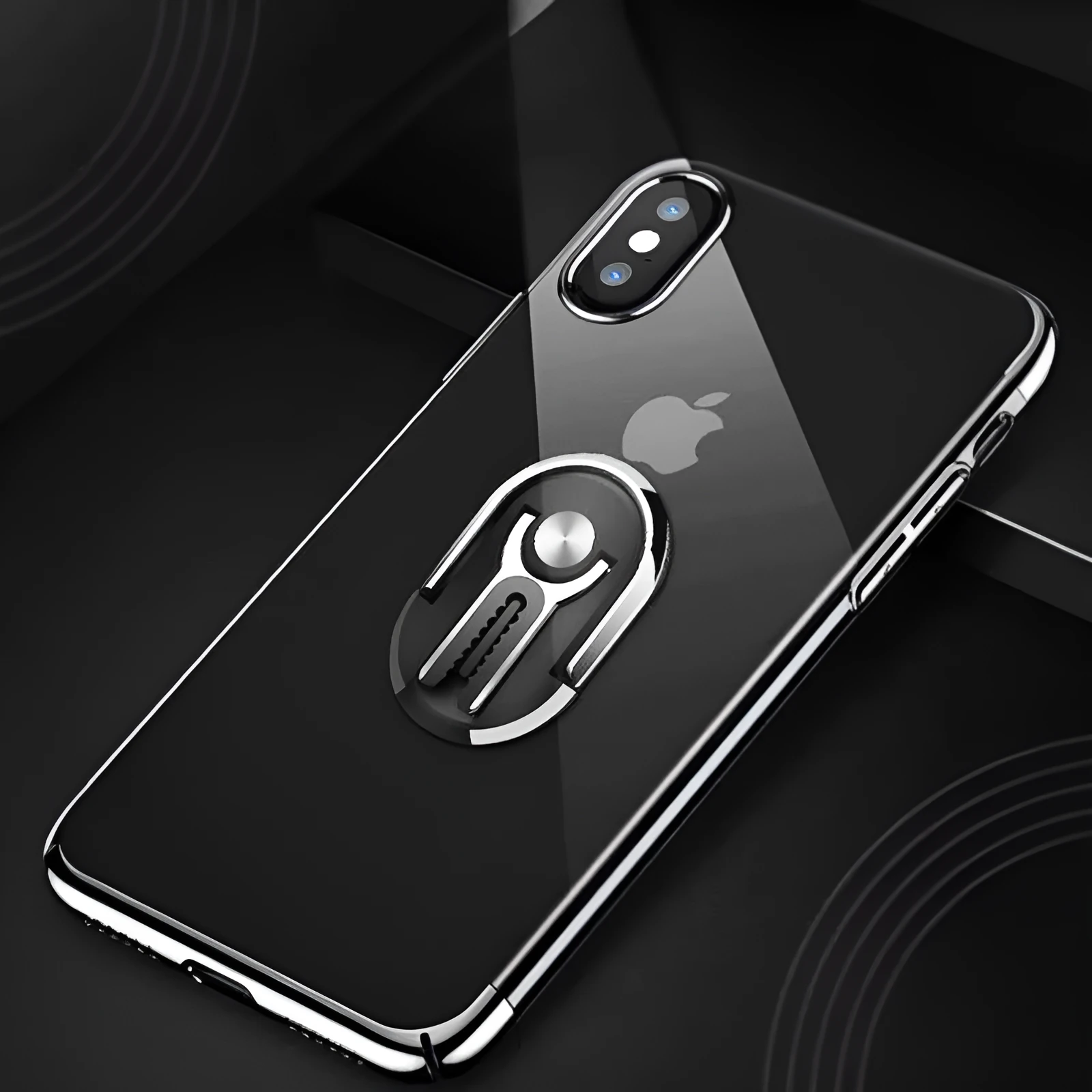Universal mobile phone car ring bracket shown in black, silver, blue, gold, and red colour options.