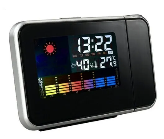 Compact plastic home electronic clock with USB cable in black, dimensions 16 by 6 by 12 centimetres