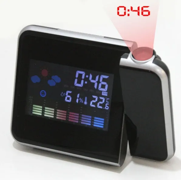 Compact plastic home electronic clock with USB cable in black, dimensions 16 by 6 by 12 centimetres