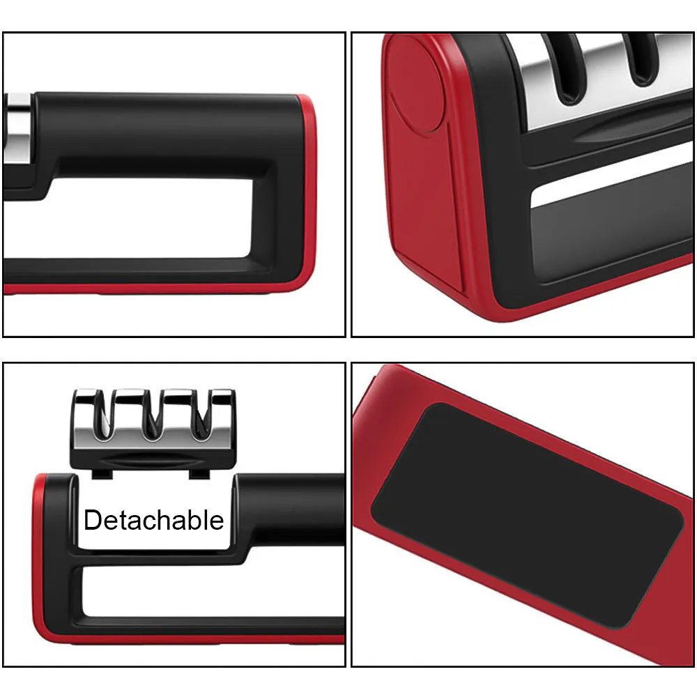 Black and red three-stage knife sharpener with non-skid rubber feet on a worktop
