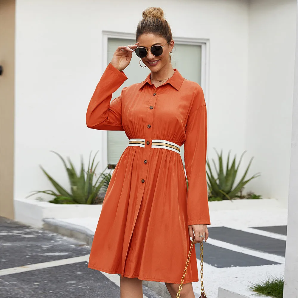 Women's casual summer dress with lapel collar, long sleeves, elastic waist, and A-line skirt in green