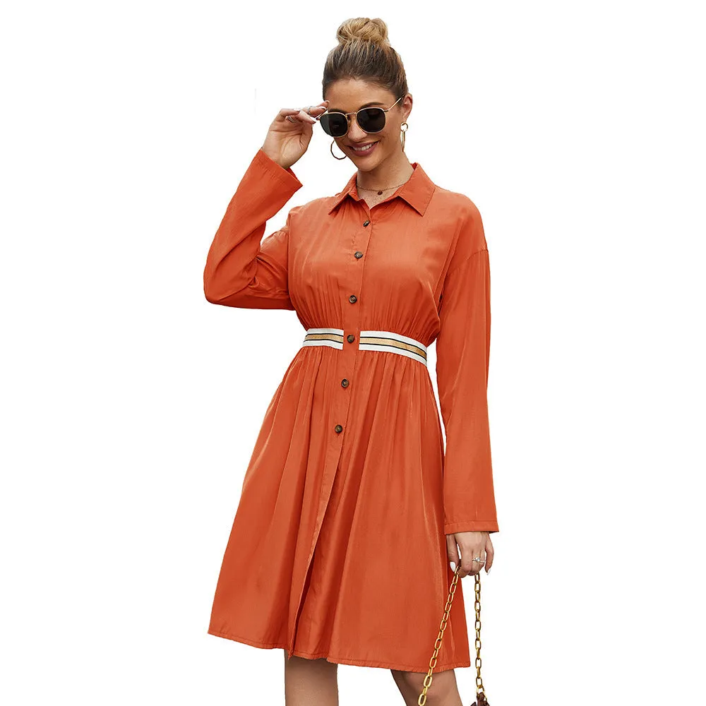 Women's casual summer dress with lapel collar, long sleeves, elastic waist, and A-line skirt in green