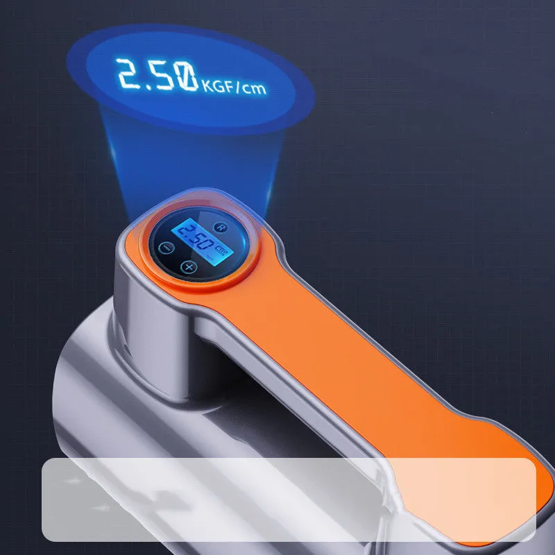 Cordless tyre inflator with digital display, ABS body, and USB charging port on a flat surface