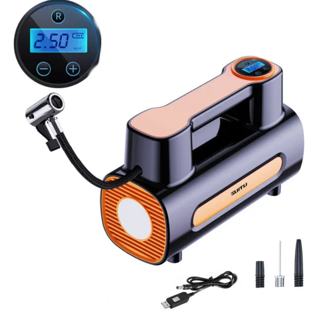 Cordless tyre inflator with digital display, ABS body, and USB charging port on a flat surface