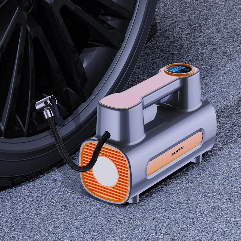 Cordless tyre inflator with digital display, ABS body, and USB charging port on a flat surface