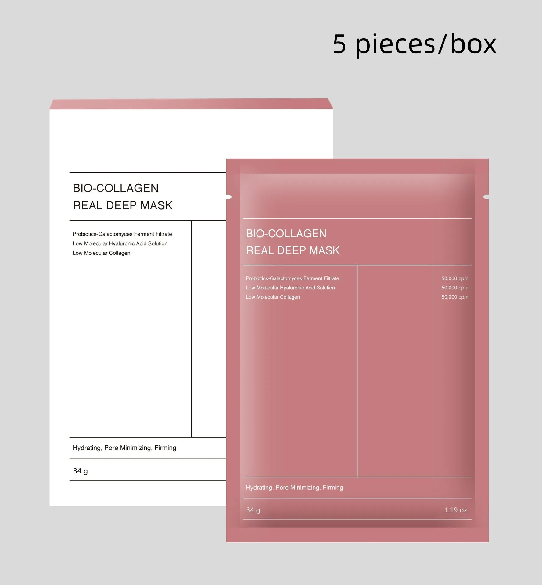 Collagen face mask sheet 34g for deep hydration firming and brightening in 4-piece box
