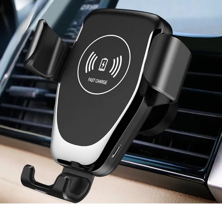 Black car wireless charger mount showing phone clamped automatically with ventilation installation