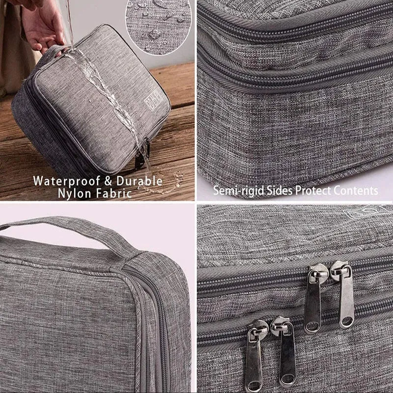 Grey waterproof electronics organiser with double-layer interior, adjustable dividers, and carrying handle