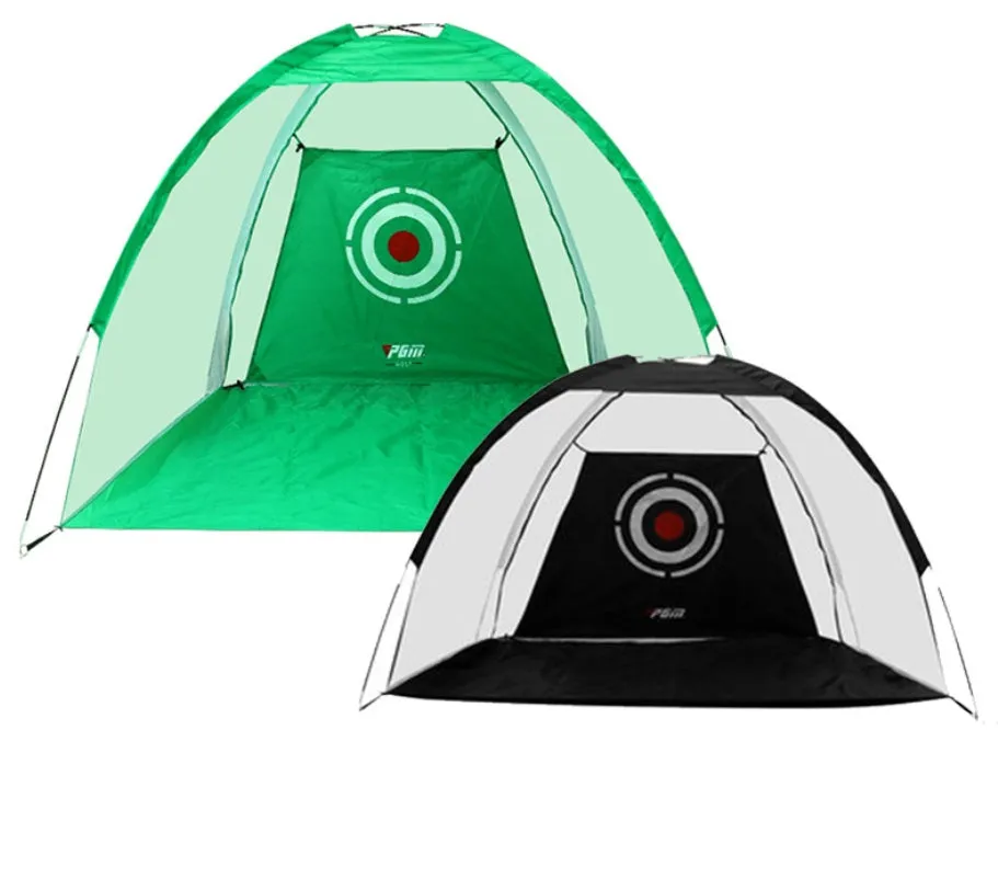 Black and green golf practice net tent set up on grass with fibreglass poles and target sheet
