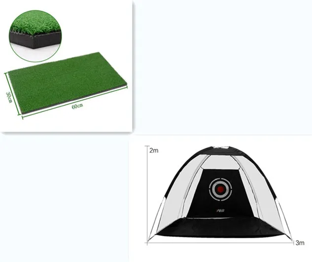 Black and green golf practice net tent set up on grass with fibreglass poles and target sheet