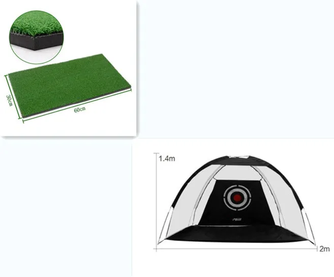 Black and green golf practice net tent set up on grass with fibreglass poles and target sheet