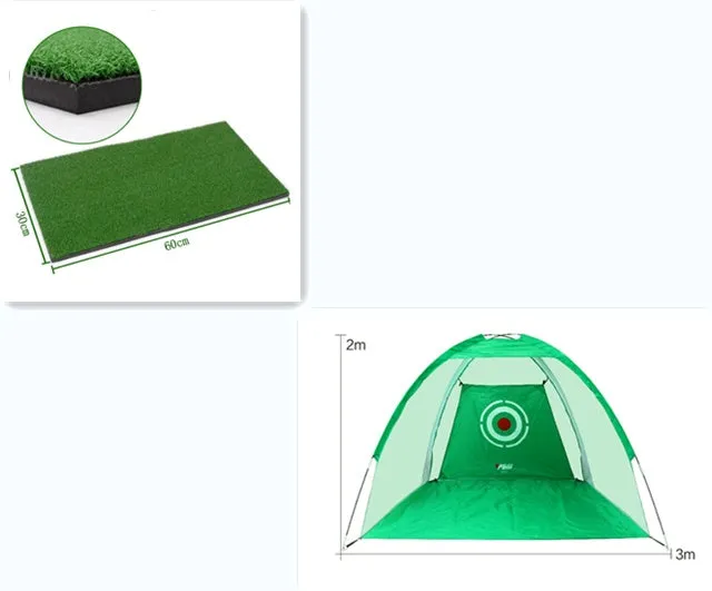 Black and green golf practice net tent set up on grass with fibreglass poles and target sheet