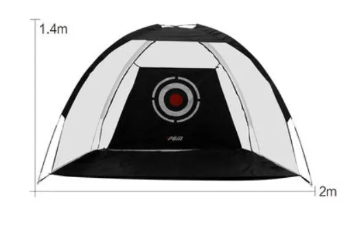 Black and green golf practice net tent set up on grass with fibreglass poles and target sheet