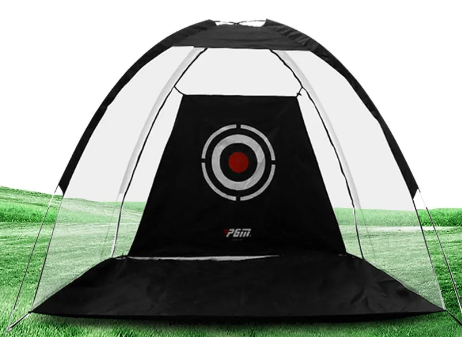 Black and green golf practice net tent set up on grass with fibreglass poles and target sheet