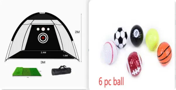Black and green golf practice net tent set up on grass with fibreglass poles and target sheet