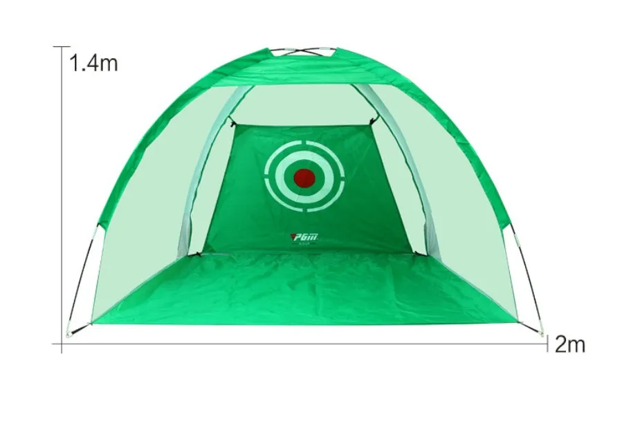 Black and green golf practice net tent set up on grass with fibreglass poles and target sheet