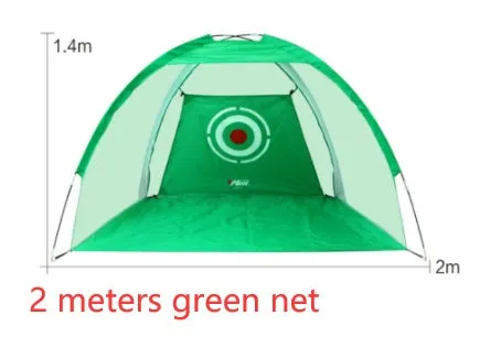 Black and green golf practice net tent set up on grass with fibreglass poles and target sheet