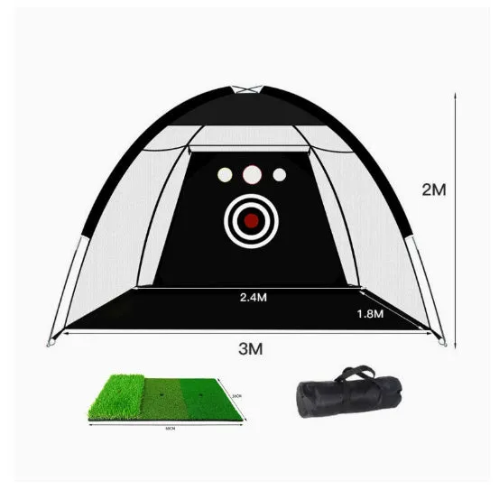 Black and green golf practice net tent set up on grass with fibreglass poles and target sheet