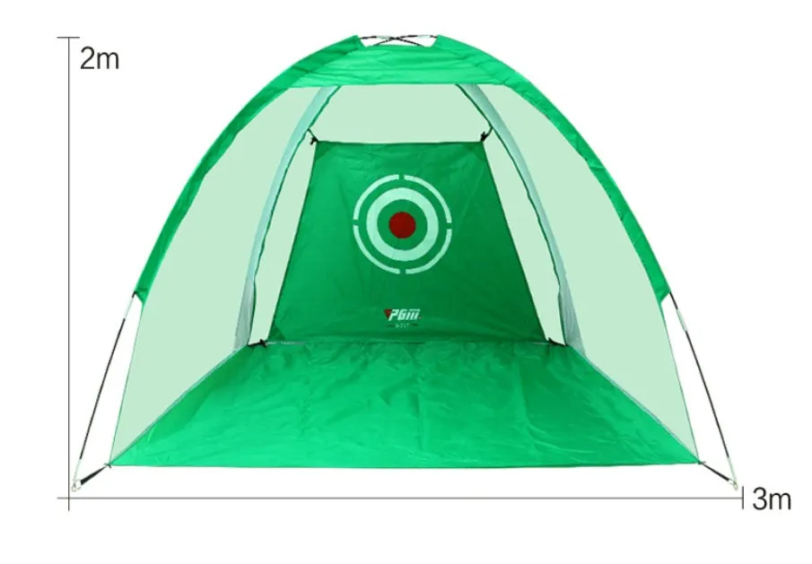 Black and green golf practice net tent set up on grass with fibreglass poles and target sheet