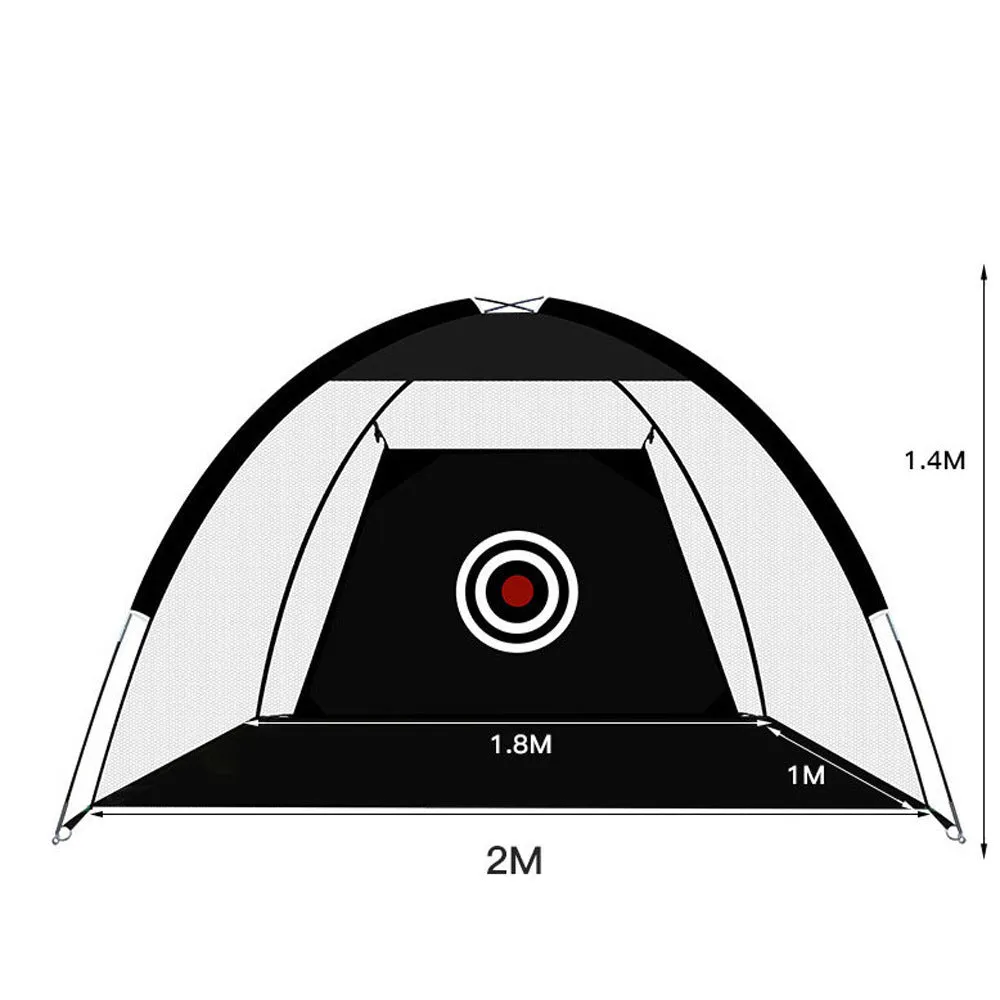 Black and green golf practice net tent set up on grass with fibreglass poles and target sheet
