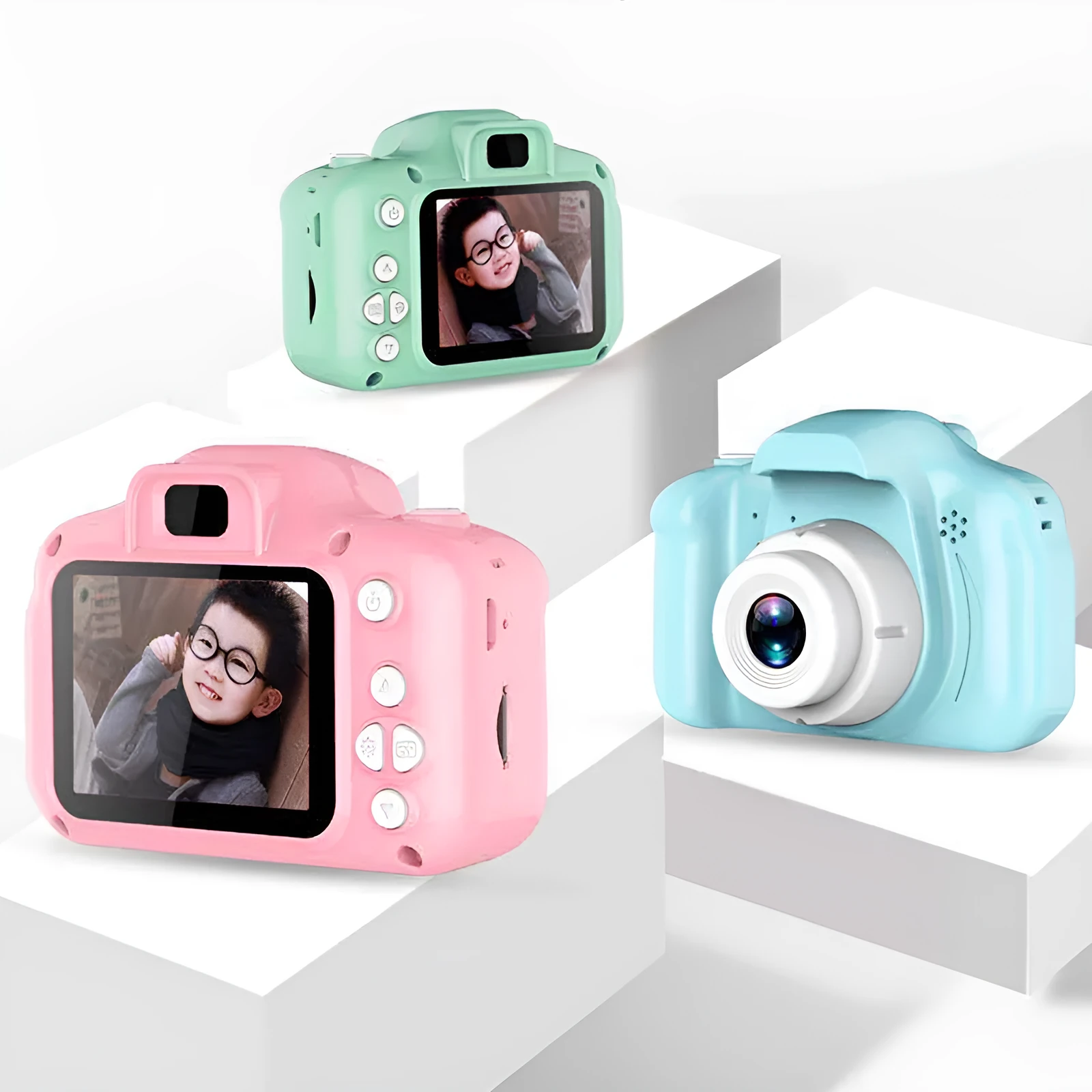 Children's HD digital waterproof camera in blue with 2.3 inch LCD screen, 800W pixels, compact size