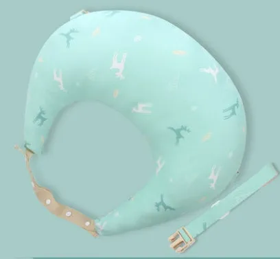 Multifunction nursing pillow with adjustable strap and white cotton cover for breastfeeding and baby support.