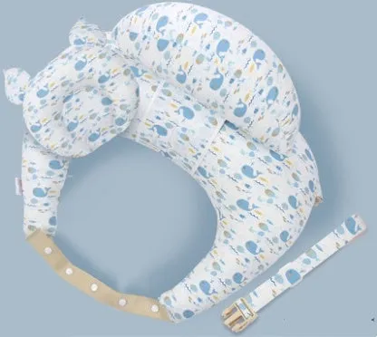 Multifunction nursing pillow with adjustable strap and white cotton cover for breastfeeding and baby support.