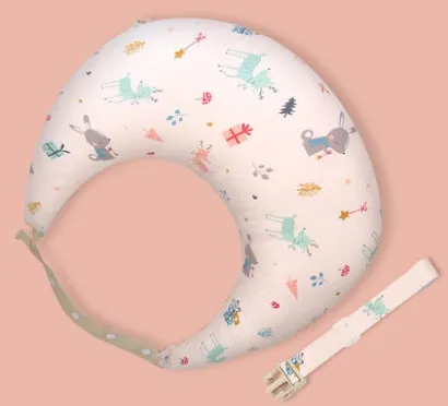 Multifunction nursing pillow with adjustable strap and white cotton cover for breastfeeding and baby support.