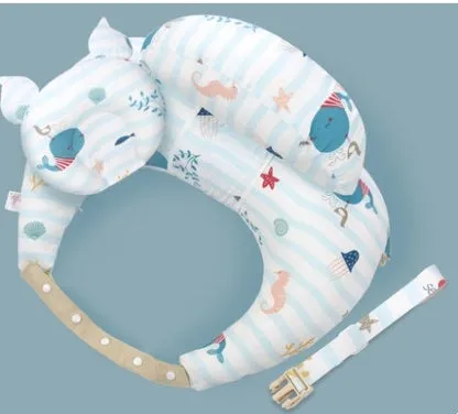Multifunction nursing pillow with adjustable strap and white cotton cover for breastfeeding and baby support.