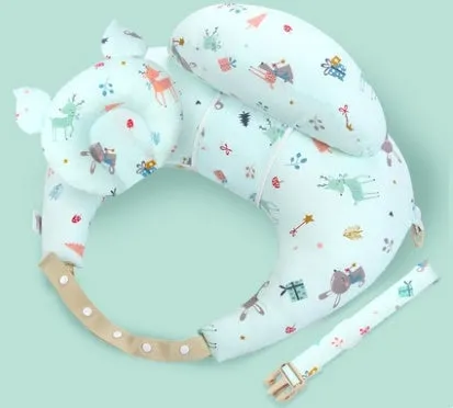 Multifunction nursing pillow with adjustable strap and white cotton cover for breastfeeding and baby support.