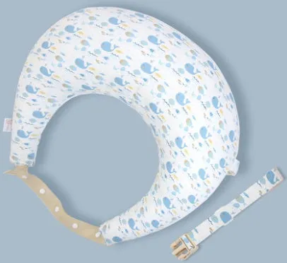 Multifunction nursing pillow with adjustable strap and white cotton cover for breastfeeding and baby support.