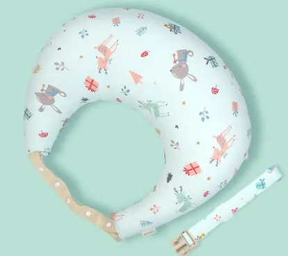 Multifunction nursing pillow with adjustable strap and white cotton cover for breastfeeding and baby support.
