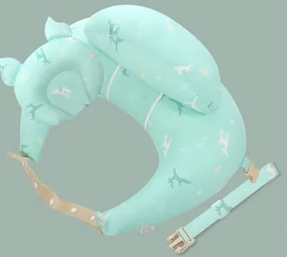 Multifunction nursing pillow with adjustable strap and white cotton cover for breastfeeding and baby support.