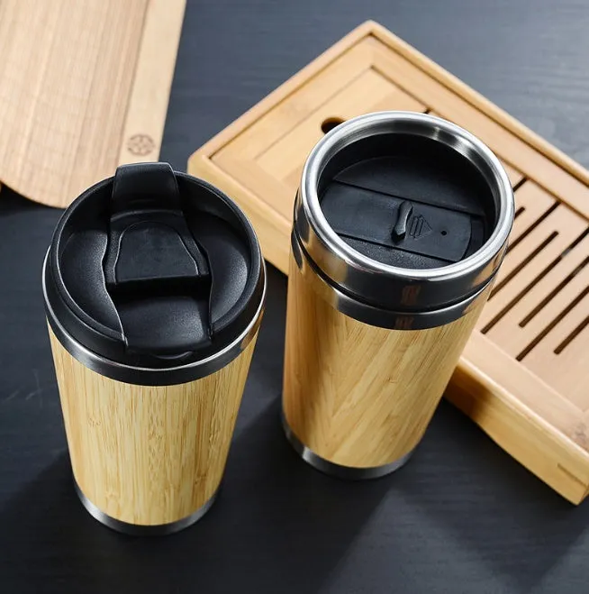 Natural bamboo coffee cup with stainless steel lining, 420ml capacity, leak-proof lid, and foam pad
