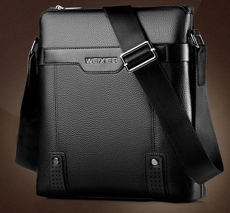 Men's soft PU leather messenger bag in solid colour with zipper closure and interior pockets – black or brown