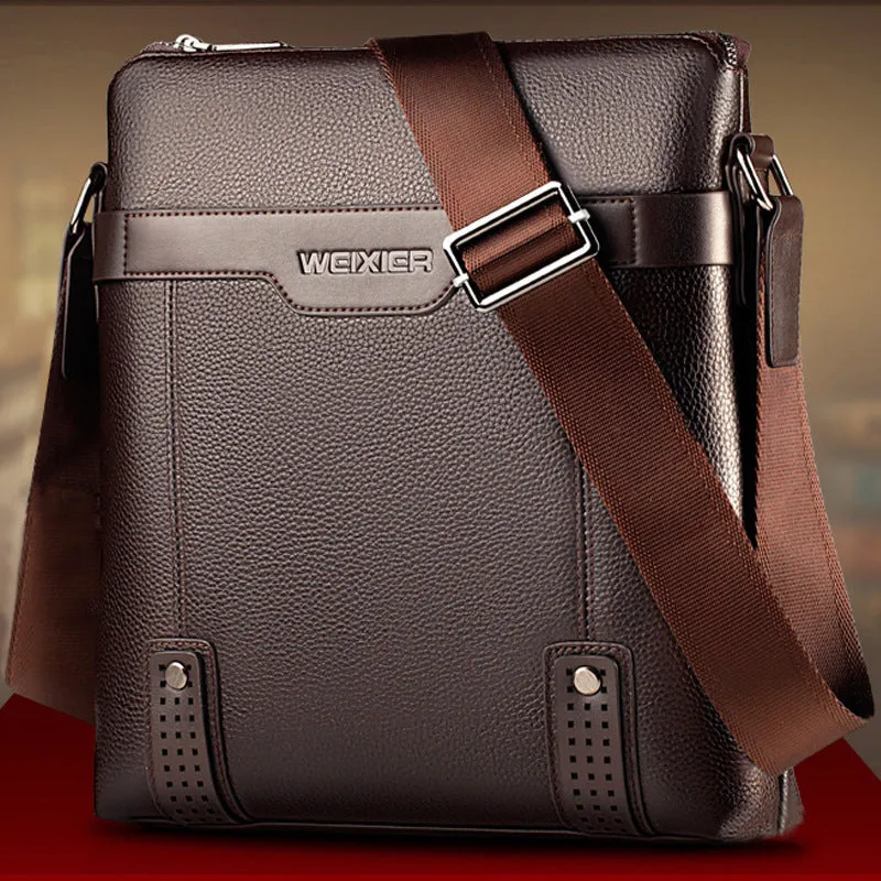 Men's soft PU leather messenger bag in solid colour with zipper closure and interior pockets – black or brown