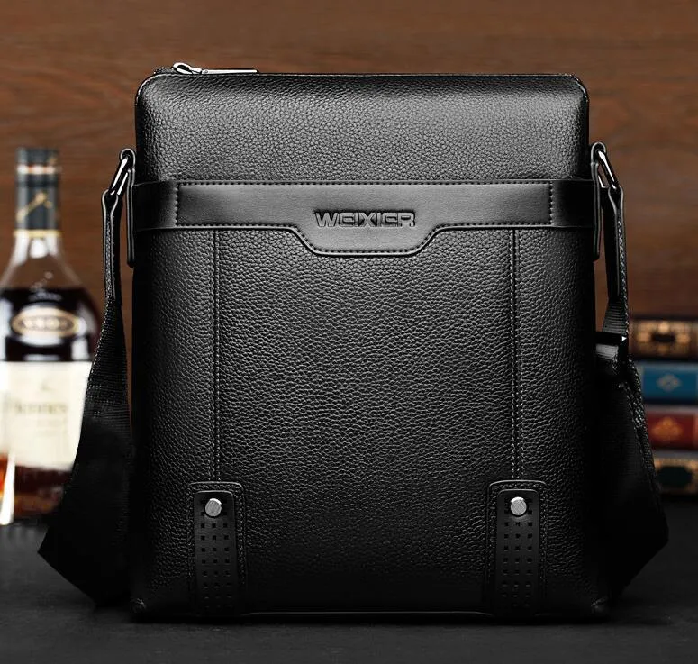 Men's soft PU leather messenger bag in solid colour with zipper closure and interior pockets – black or brown