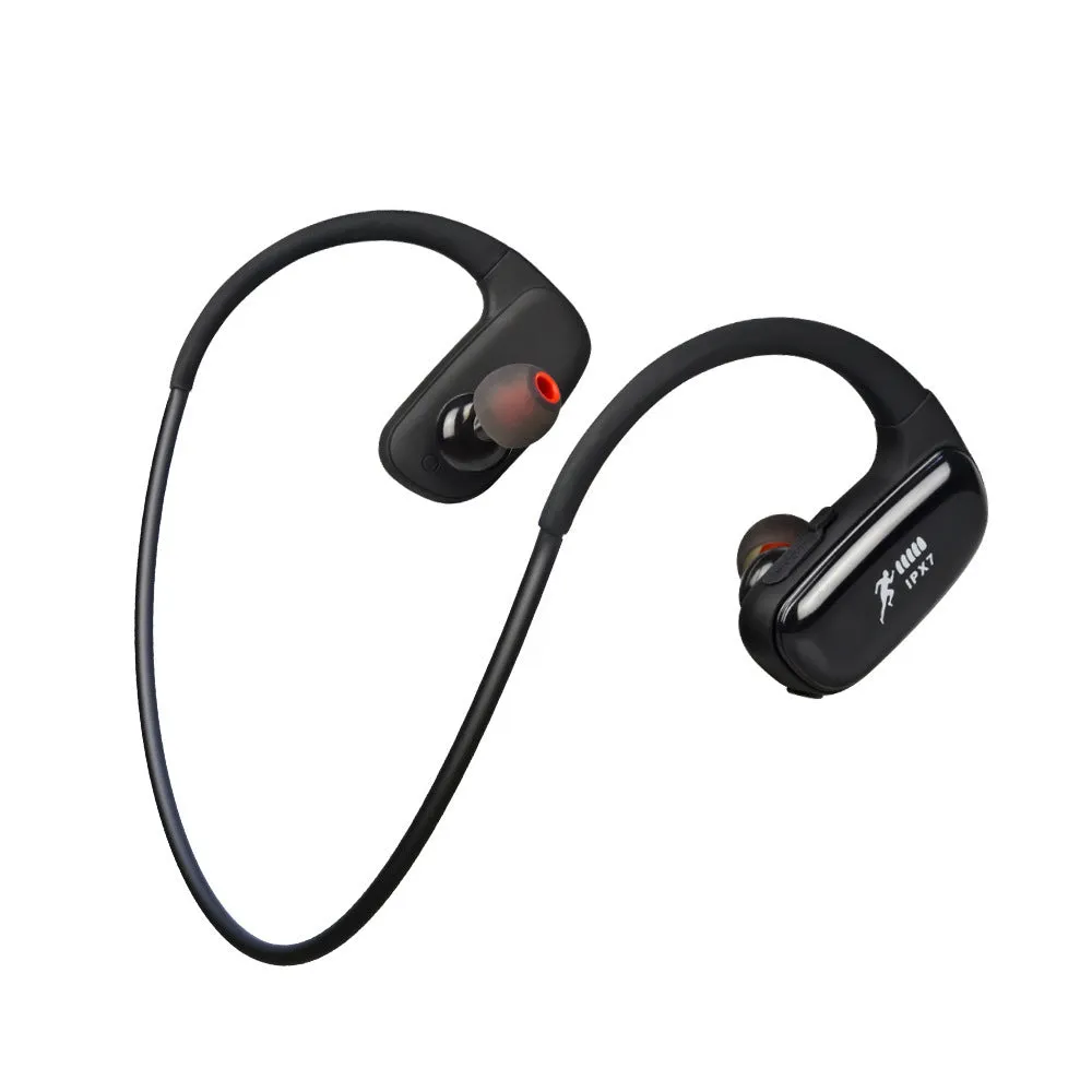 Wireless Bluetooth headset with bilateral earbuds, hanging ear design, 10m range, in black