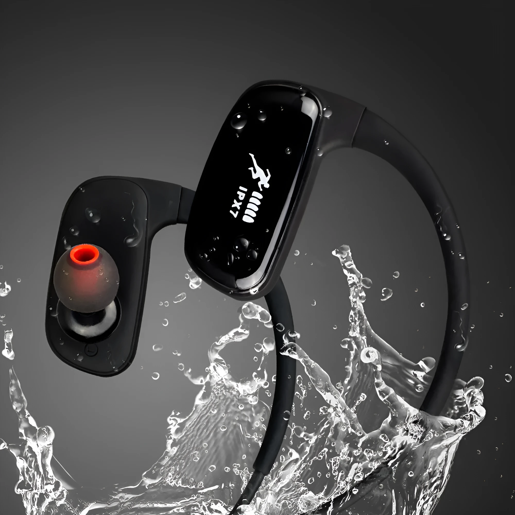Wireless Bluetooth headset with bilateral earbuds, hanging ear design, 10m range, in black