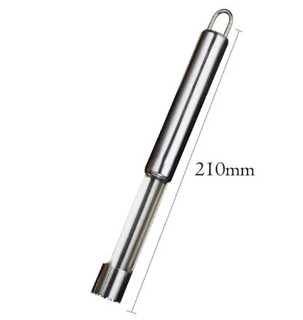 Stainless steel pineapple corer-slicer with black ABS handle, 18cm height, on white background