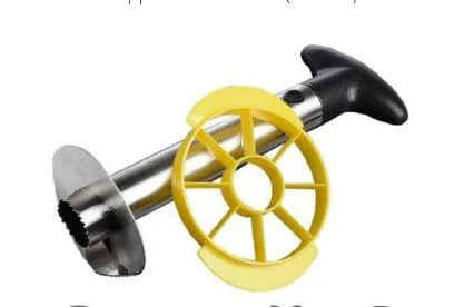 Stainless steel pineapple corer-slicer with black ABS handle, 18cm height, on white background