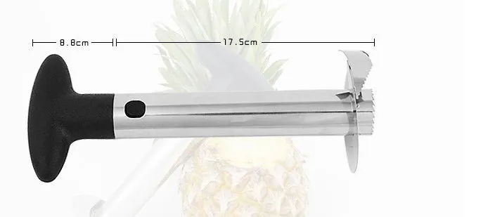 Stainless steel pineapple corer-slicer with black ABS handle, 18cm height, on white background